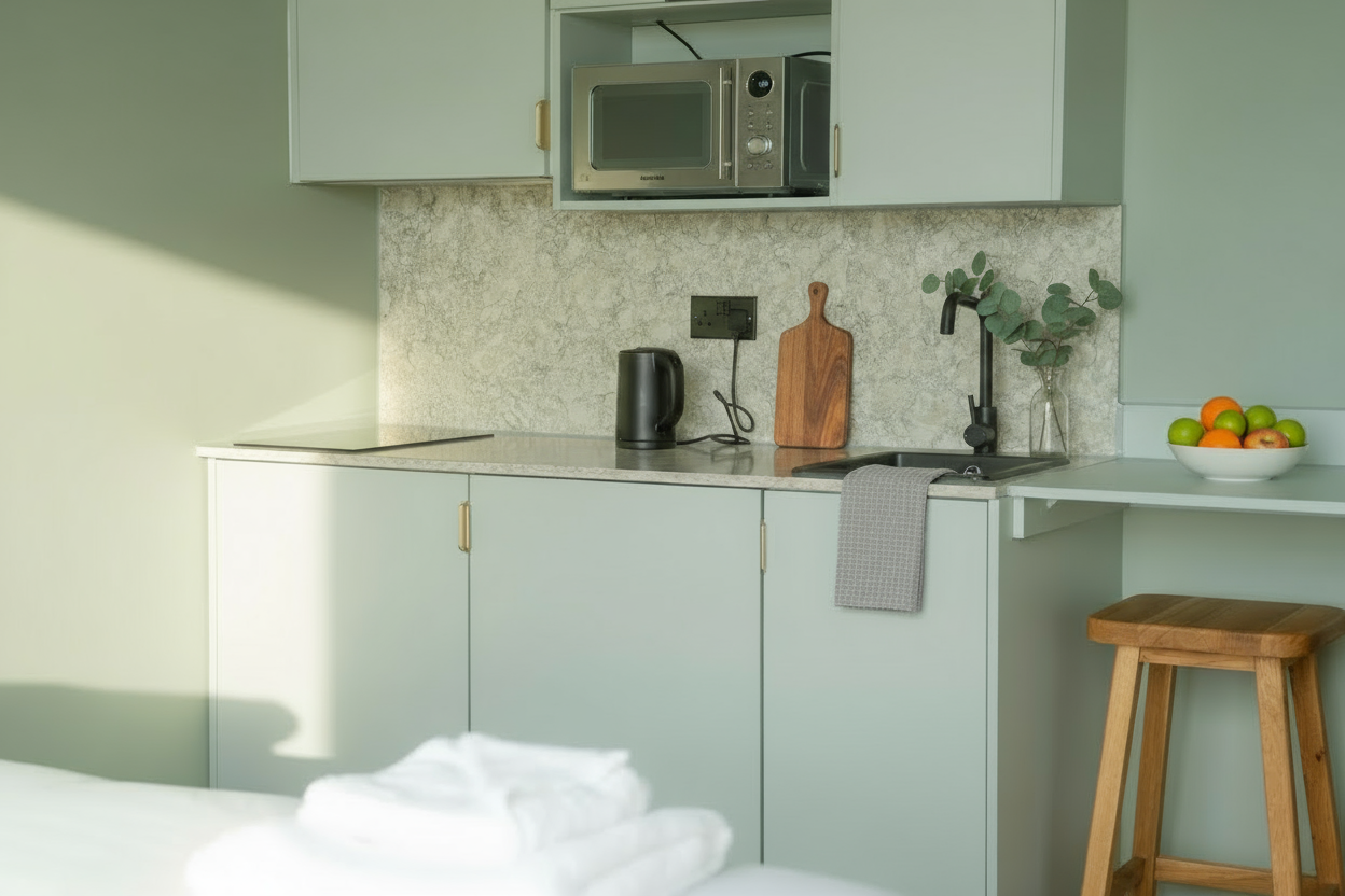 Modern kitchen in AndSoul co-living apartment, West London